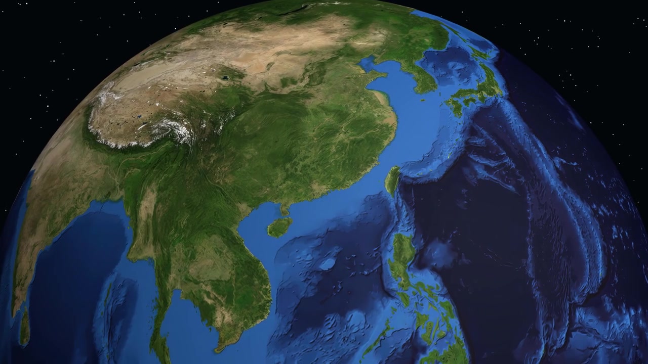 Animazione digitale che zooma dallo spazio su Qingyuan, Cina, con statistiche sulla popolazione e un indicatore di posizione.