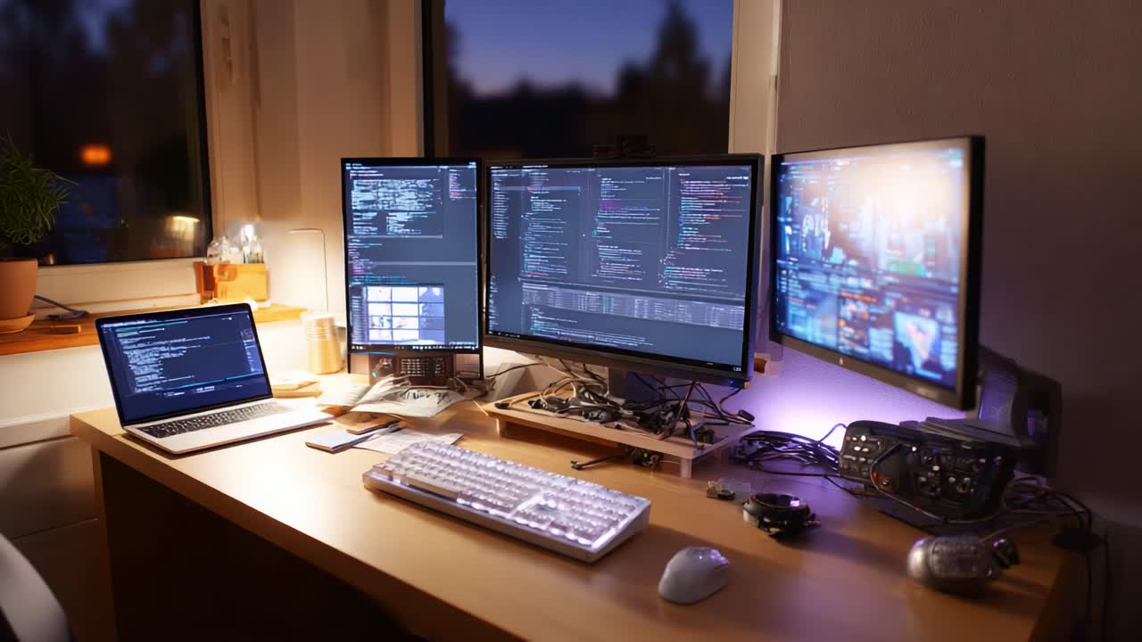 A modern workspace featuring multiple monitors and a laptop, showcasing a vibrant display of coding and digital interfaces in a cozy evening setting