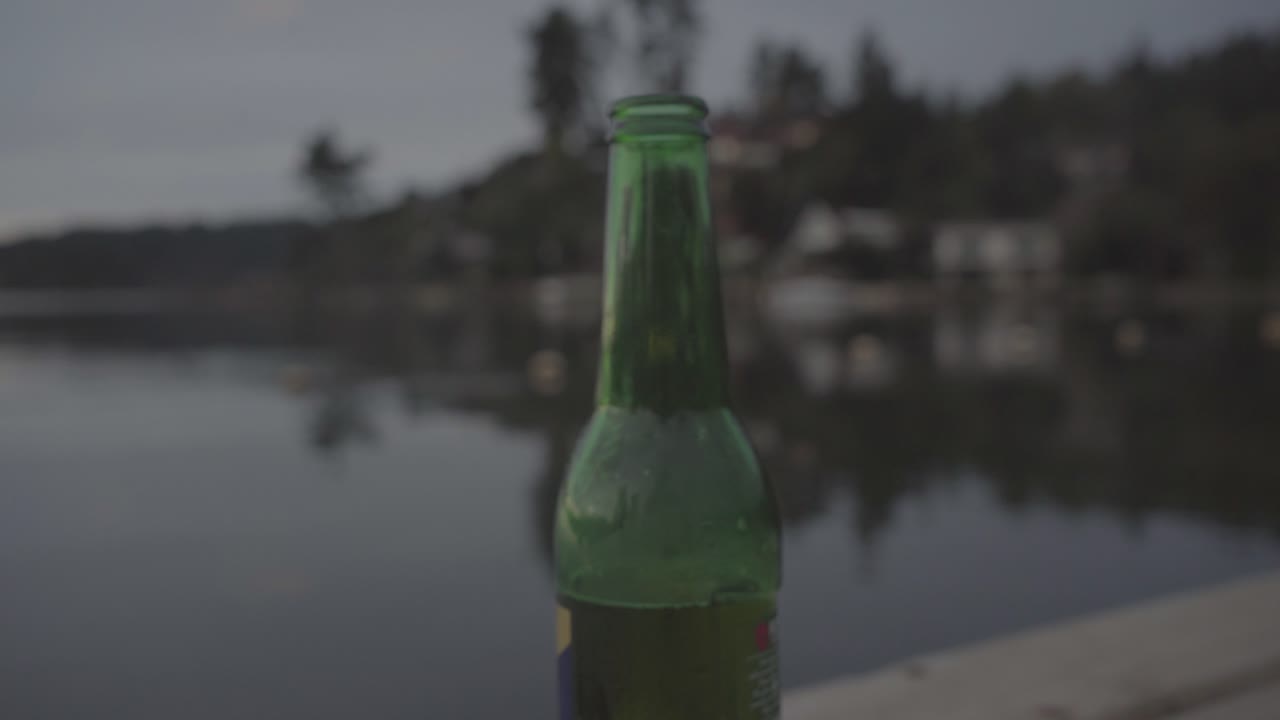 botella de cerveza en el lago