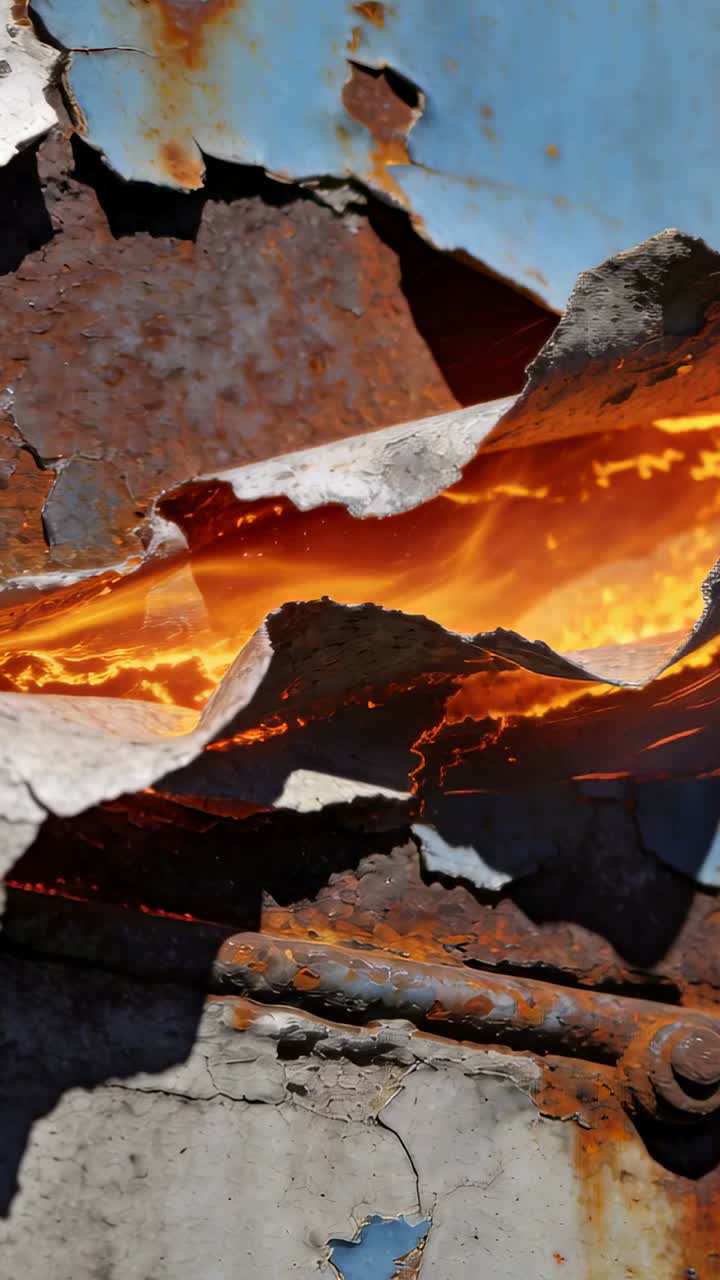 Vertikal video: Metalpanel skaller af og afslører glødende orange, indikerer varme på anlægget, rusten bolt.
