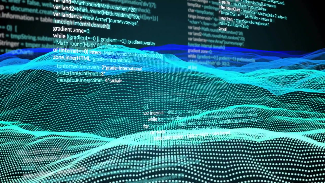 Opening void 3D mesh waves oscillating with code scrolling and tags sliding visualizing interface
