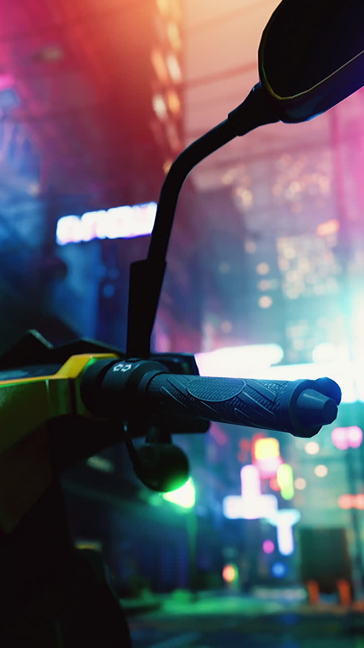 Vibrant night in a neon lit urban alley with a motorcycle in focus