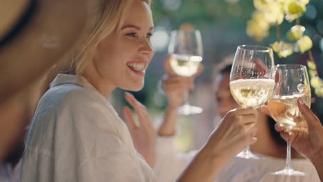 happy woman dancing with friends at summer dance party drinking wine making toast enjoying summertime social gathering having fun celebrating on sunny day 4k footage