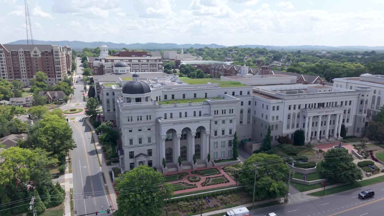 Rising Aerial Shot Of Belmont University Campus Buildings In Downtown Nashville, Tennessee, USA