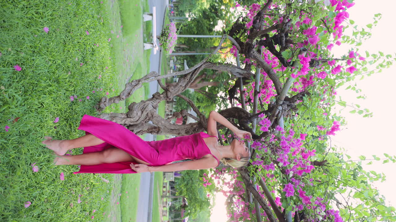 A woman in a vibrant pink dress stands barefoot in a lush garden, admiring beautiful pink bougainvillea flowers