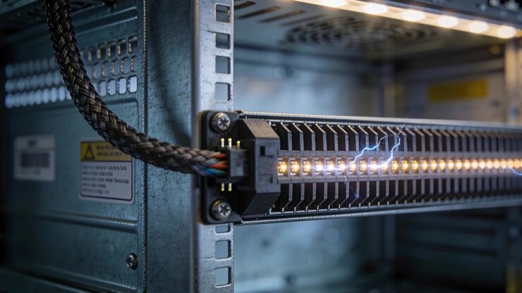 Powering rack, braided cable and connector emitting electric arc along amber LEDs, showing flicker