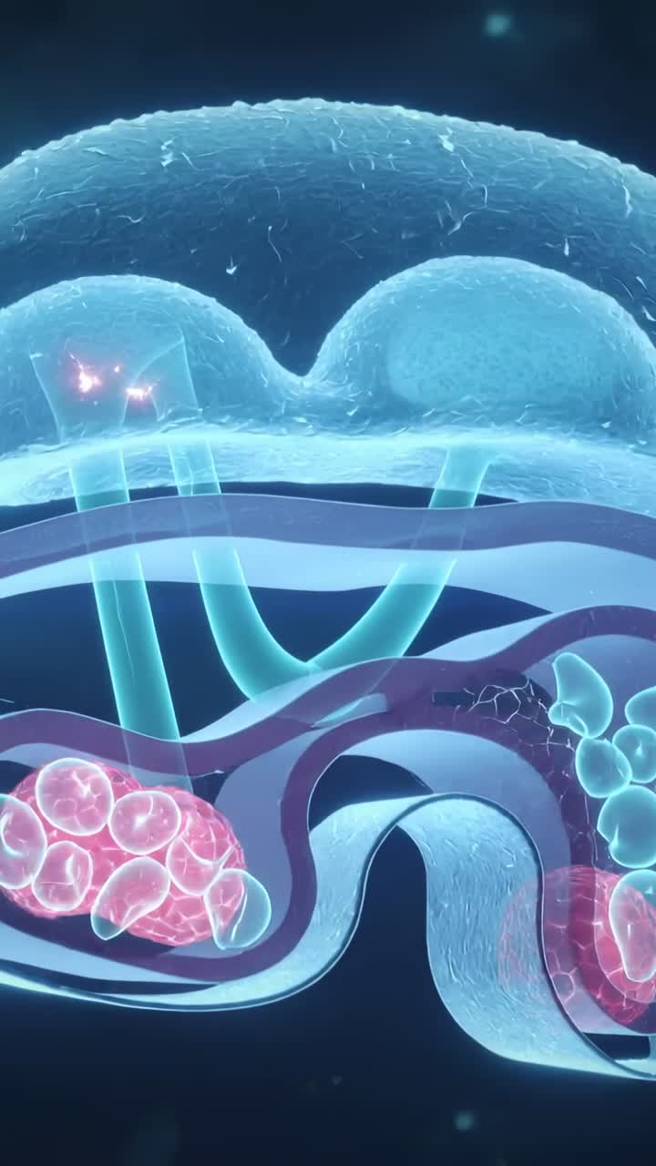 Vertical video: Spark flaring driving cyan model pulsing in dark void tubes and red masses shifting