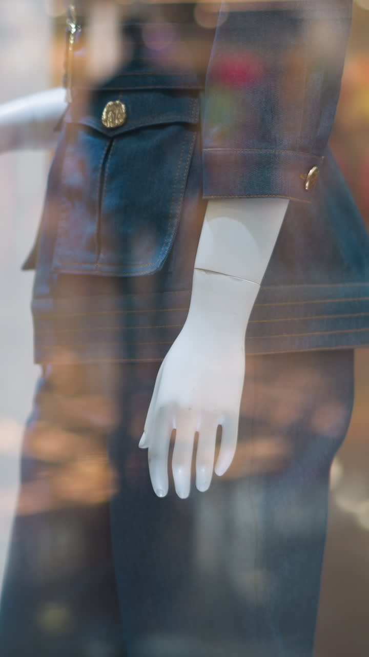 primer plano de un maniquí en un elegante traje azul mostrado detrás del vidrio con el reflejo de alguien caminando, mostrando moda elegante en la ventana de una tienda minorista con fondo borroso