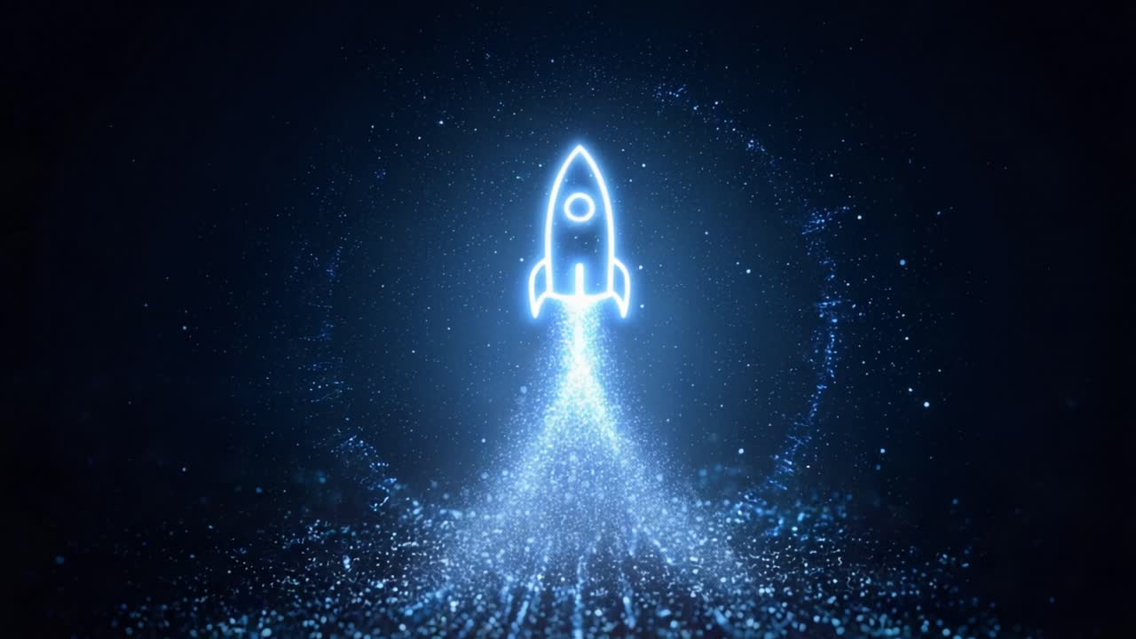 Luminous blue neon rocket icon taking off with a trail of sparkling particles on a dark background, symbolizing innovation, startup launch, technological progress, and new beginnings