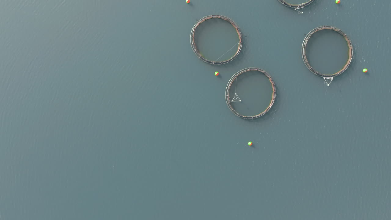 Fish farm in a mountain dam. Top View