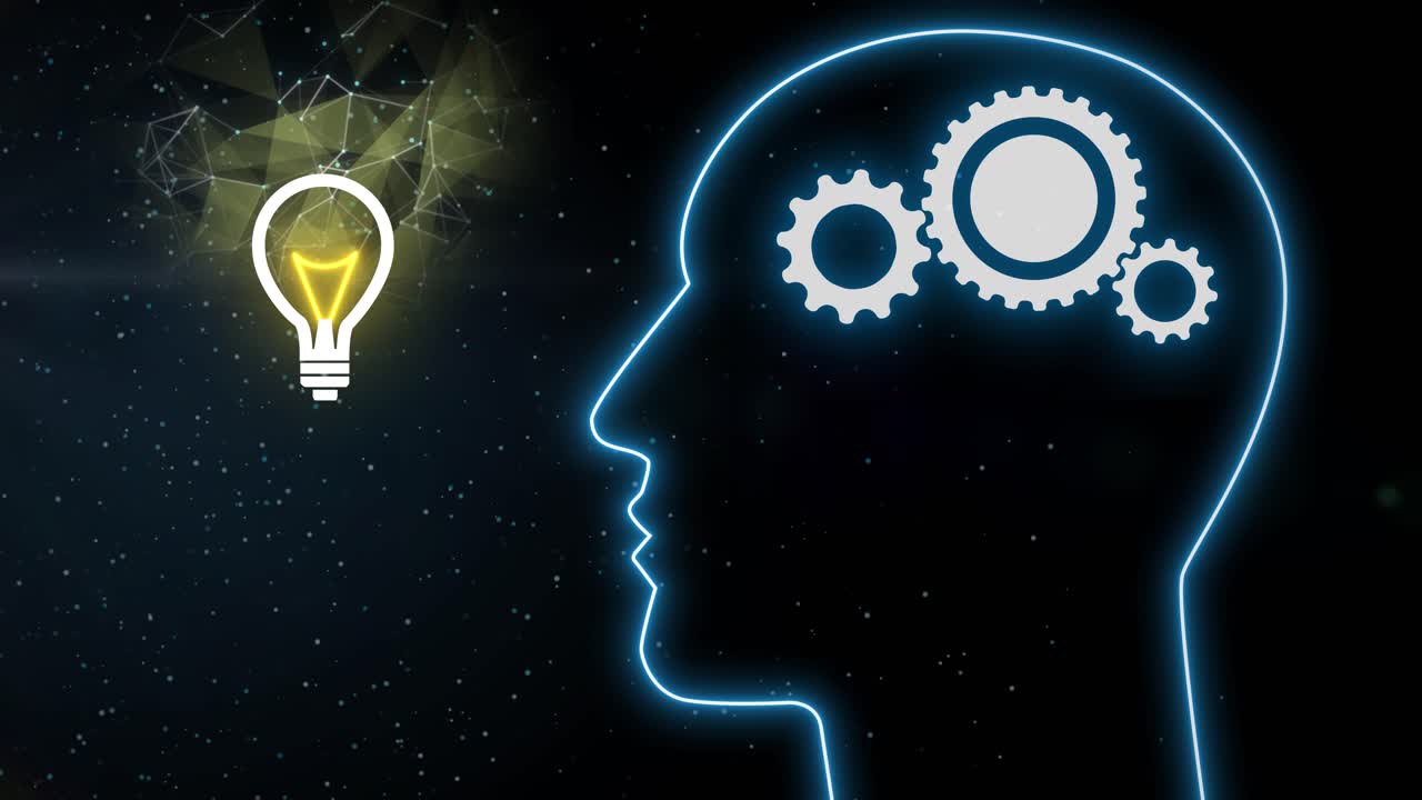 Animation of a businessman head with rotating gear and light bulb on black background. Creative idea concept. Motion graphic with Alpha channel