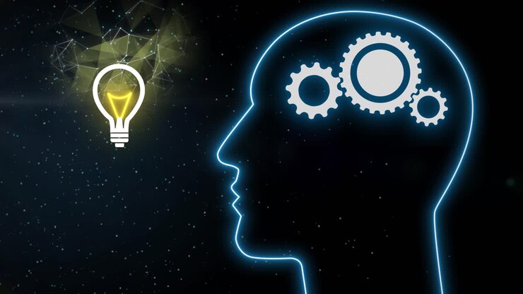 Animation of a businessman head with rotating gear and light bulb on black background. Creative idea concept. Motion graphic with Alpha channel