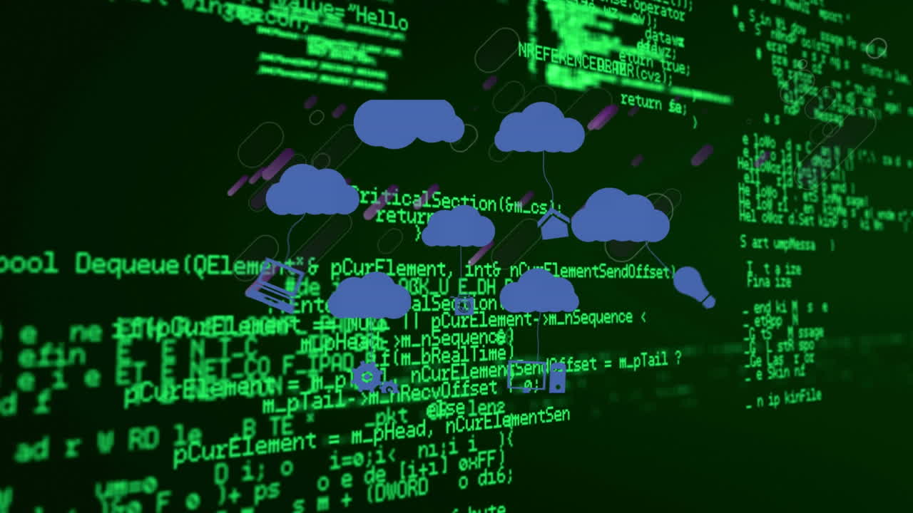 데이터 처리와 보라색 선 위의 아이콘으로 구름의 애니메이션