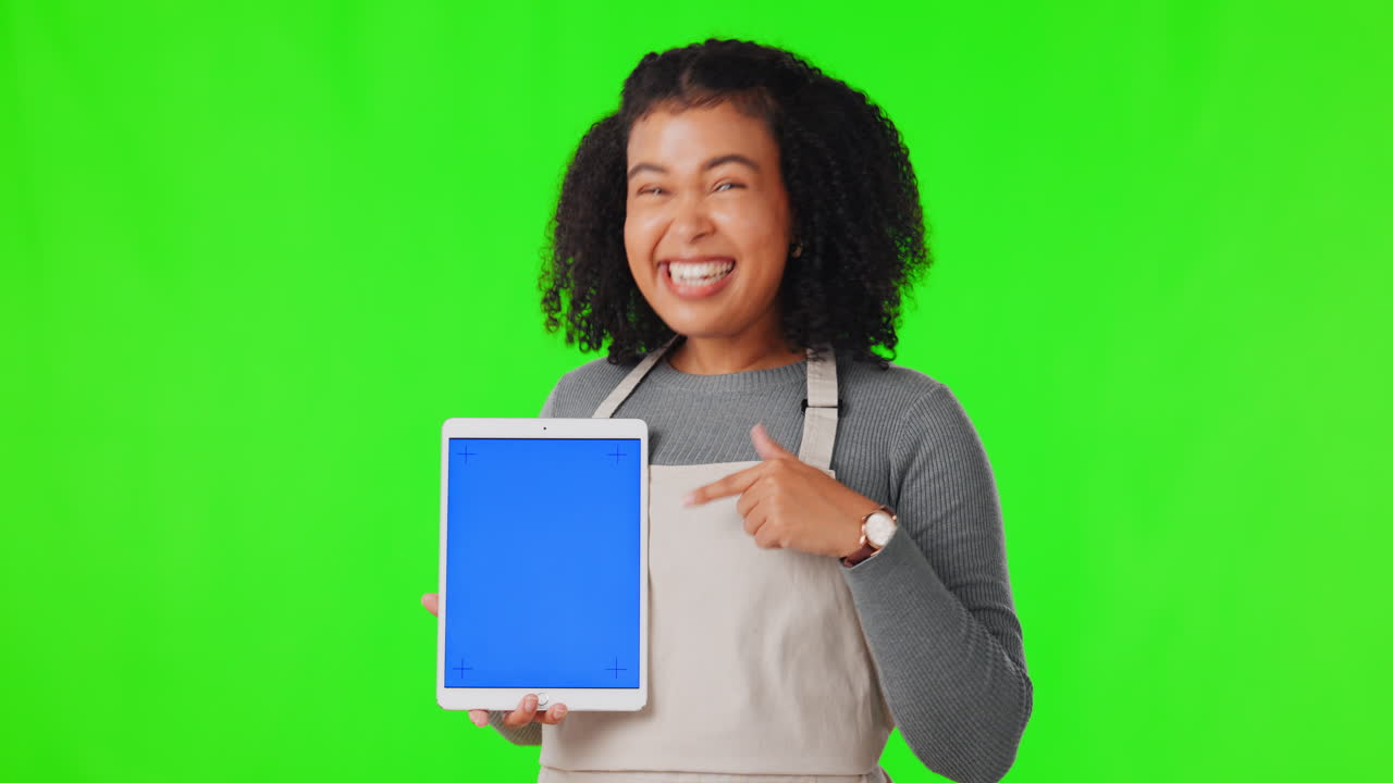 Happy, woman and pointing at tablet