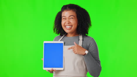 Happy,-woman-and-pointing-at-tablet