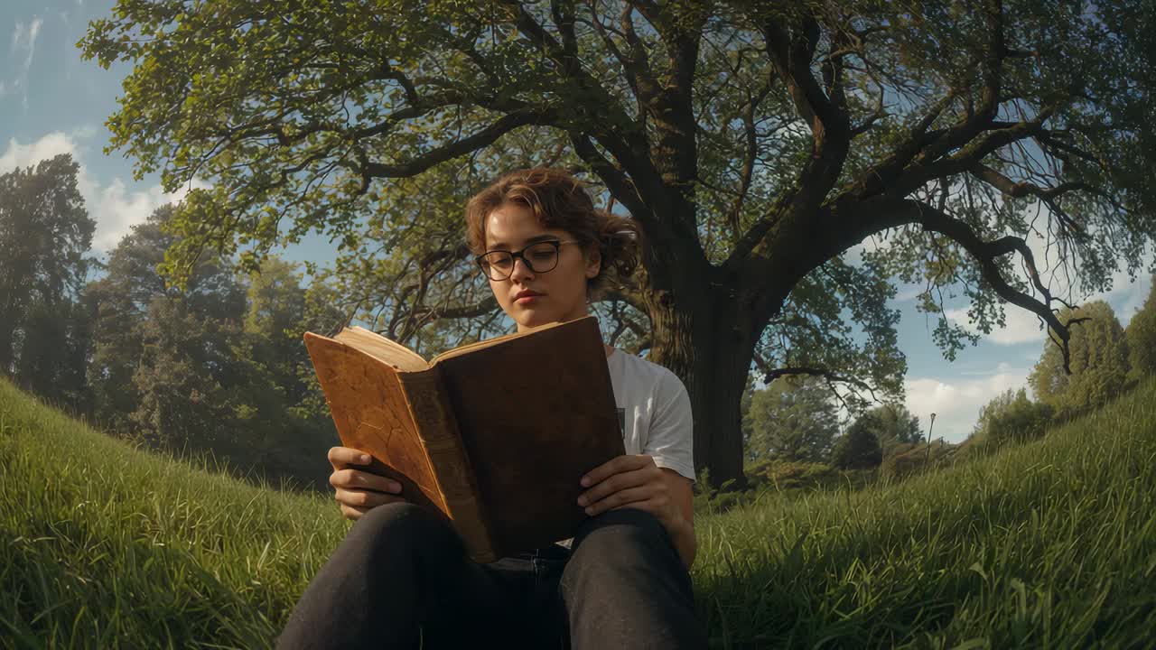Opening worn brown book, student studying on grassy slope under tree, turning pages with glasses