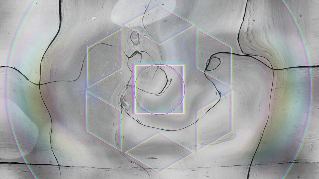 Animation of moving shapes over gray fluid background