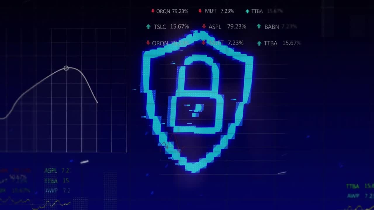 animación del candado de seguridad cibernética, procesamiento de datos estadísticos y de mercado de valores en fondo azul