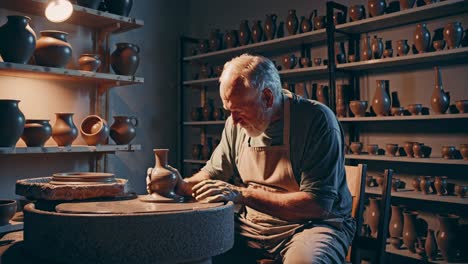 senior potter working on pottery wheel in studio