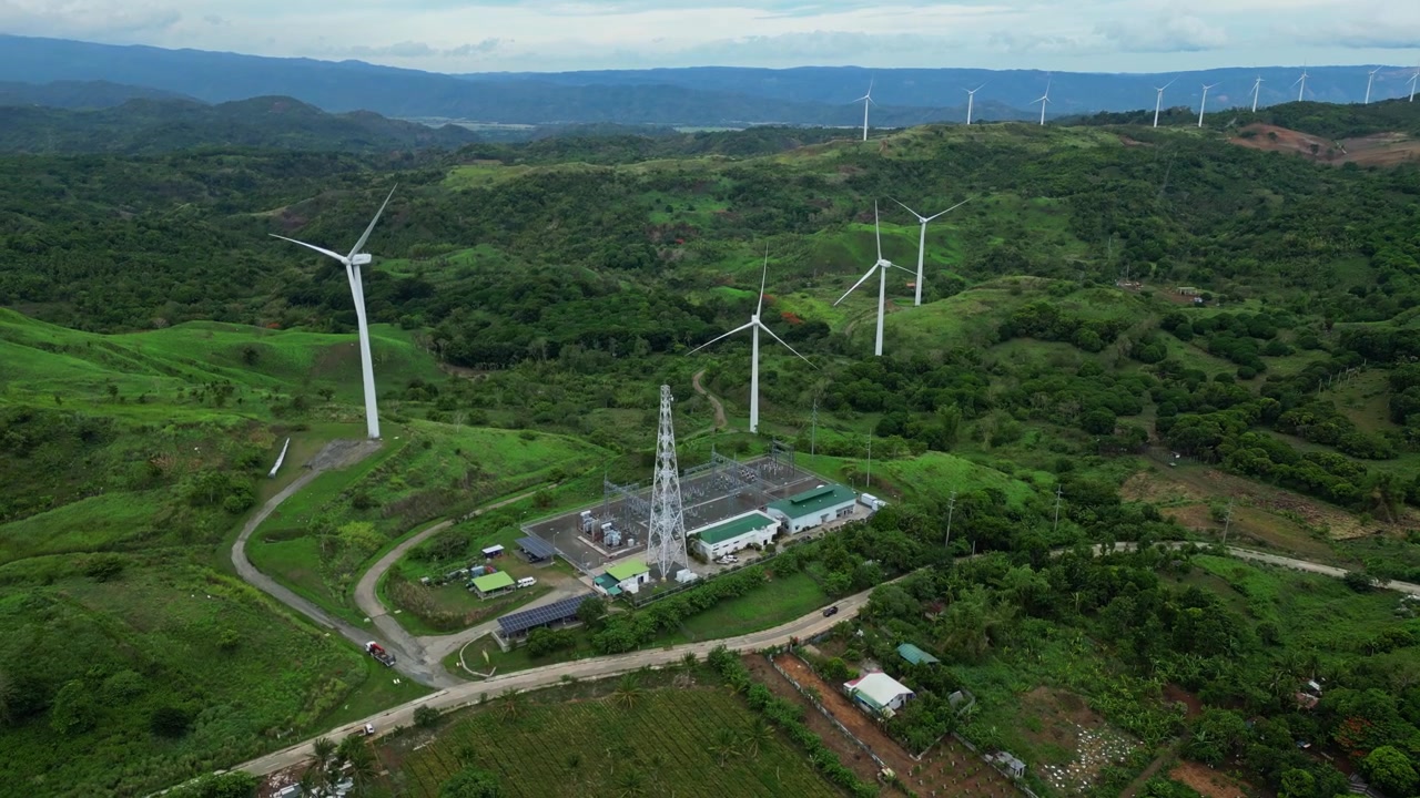 Power plant. Drone aerial footage of Pililla Rizal wind farm showcasing clean energy infrastructure, mountain terrain, and the natural landscape of Southern Luzon.