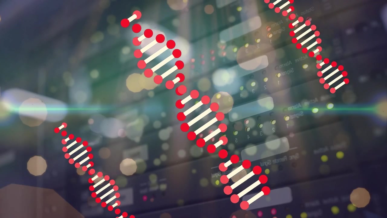 Animation of dna rotating on digital interface with bokeh effect against server