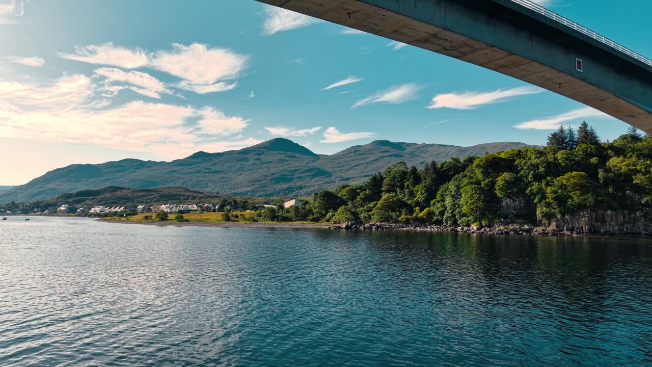 Scenic landscape with a lake, mountains, and bridge