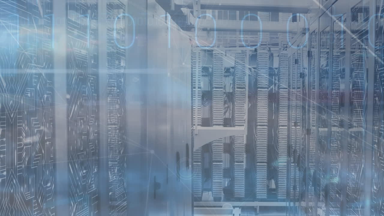 Animation of network of connections over computer server room against clouds in blue sky