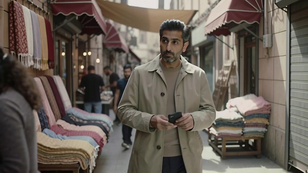 Uomo in cappotto che cammina rispondendo a una notifica, scorrendo il telefono in un bazar tessile mentre porta una borsa in pelle