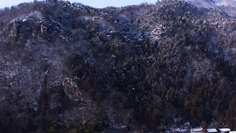 Aerial-View-of-Yamadera-in-the-Mountains-of-Japan,-Tohoku-Region-in-Winter