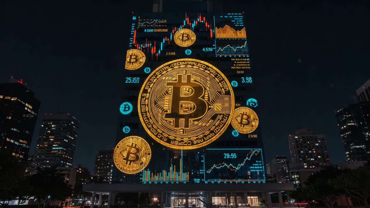 Illuminated Bitcoin Display on Skyscraper Showcases Cryptocurrency Trends with Financial Data Visualizations at Night in a Cityscape