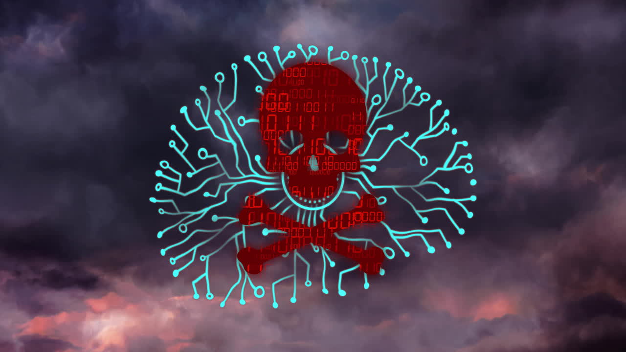 Red skull with binary code and circuit lines over stormy sky