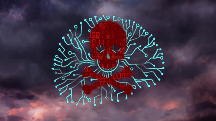 Red skull with binary code and circuit lines over stormy sky