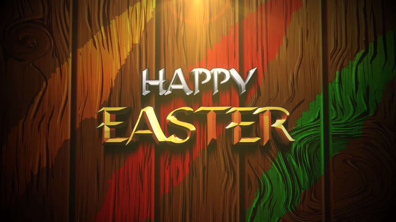 Happy Easter text on wood with colorful lines