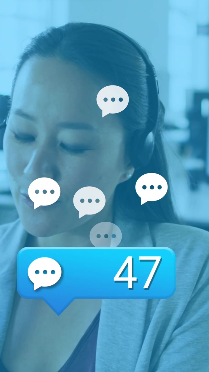 Animazione di reazioni sui social media su donna asiatica in ufficio al telefono.
