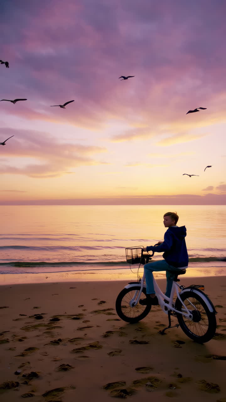 Young boy riding a bicycle on the beach at sunset