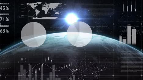animación digital del procesamiento de datos estadísticos frente a un punto de luz y un globo que gira en el espacio