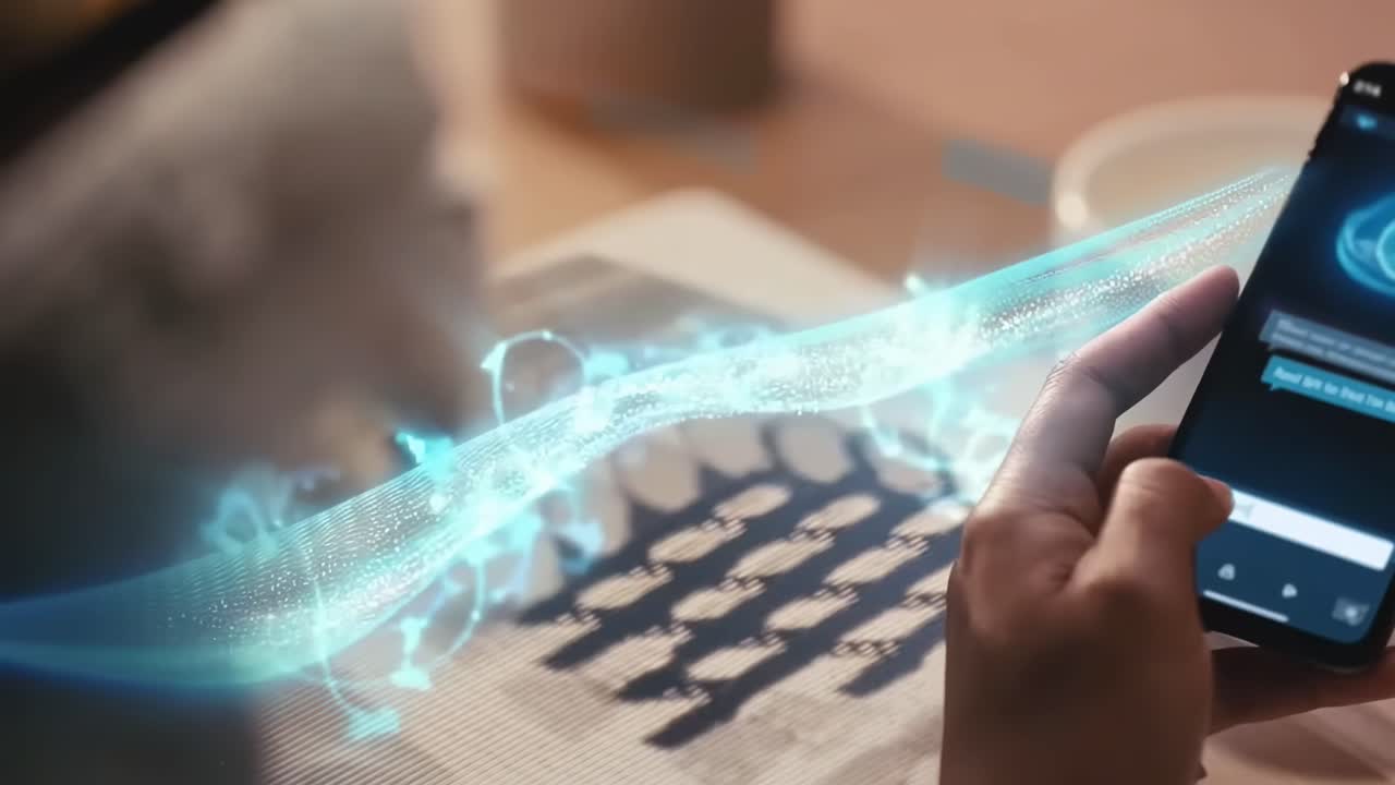 Una donna a una scrivania che usa uno smartphone e un portatile, ripresa da un'angolazione laterale.