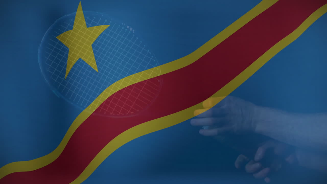 Hands with Democratic Republic of Congo flag and digital grid pattern in animation