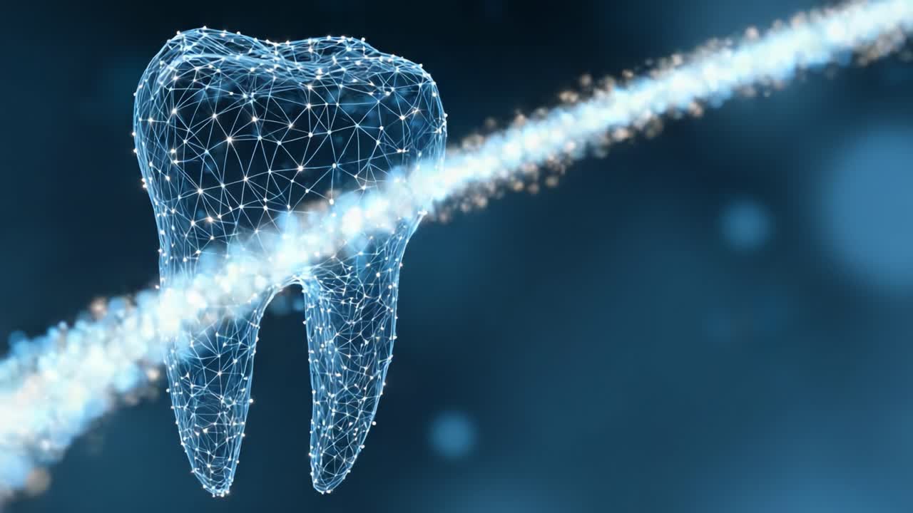 Una splendida rappresentazione digitale di un dente, che mostra connessioni intricate e particelle di luce, a simboleggiare la salute dentale e l'innovazione tecnologica nell'igiene orale