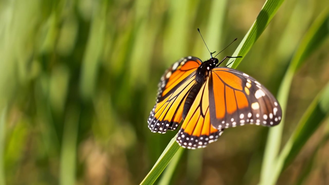 Vista macro ravvicinata di una farfalla arancione e nera simile a una monarca posata su un singolo filo d'erba diagonale, ali aperte, antenne in avanti, in un habitat verde illuminato dal sole con uno sfondo sfocato