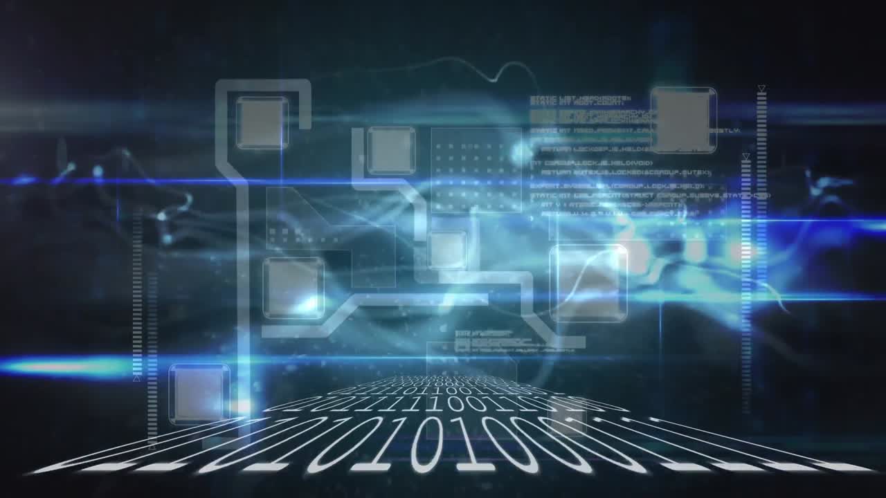 Animation of binary coding, data processing with network of connections