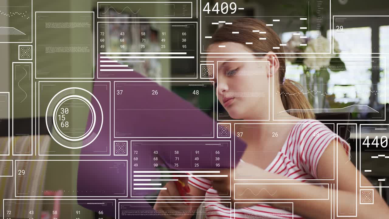 Girl gripping scissors and cutting purple paper in living room, HUD panels covering frame for craft