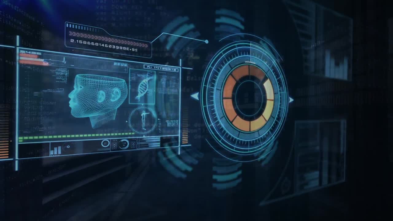 escáner redondo e interfaz digital con procesamiento de datos médicos contra un fondo negro