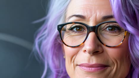confident mature professional with vibrant purple hair. stylish eyeglasses. radiating personality and wisdom while standing against dark studio background. embodying contemporary feminine empowerment