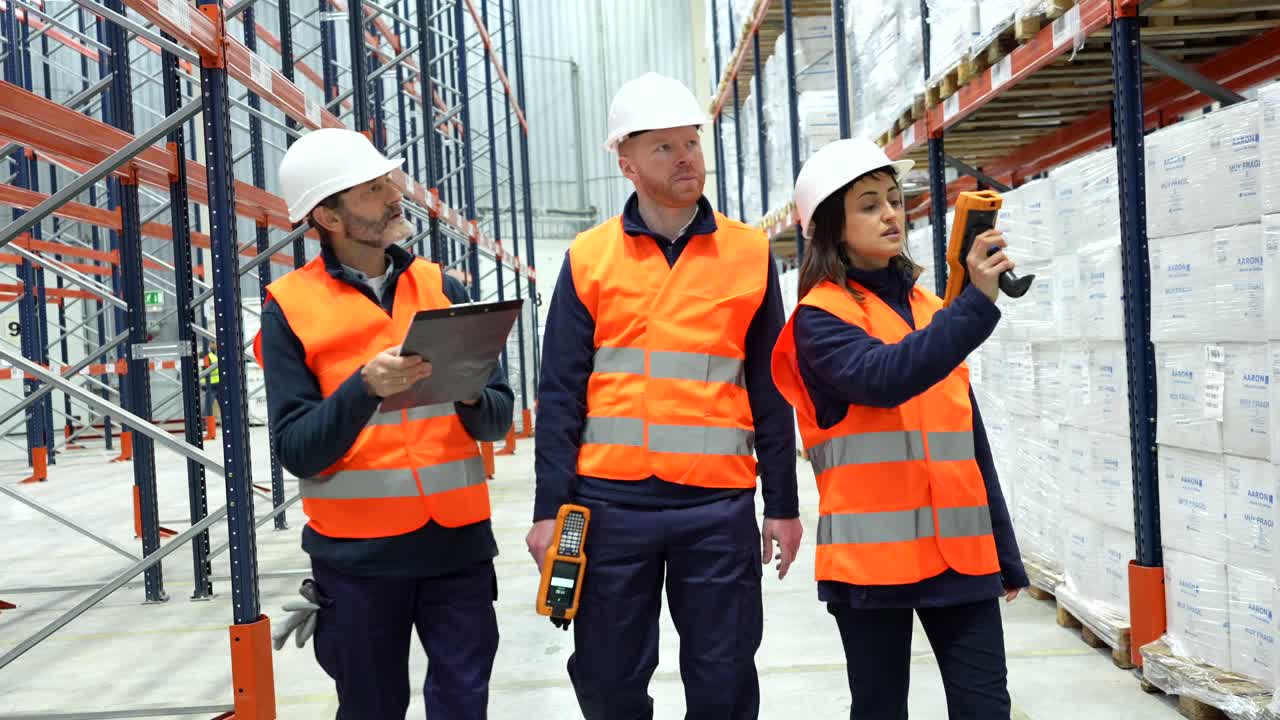 trabajadores del almacén inspeccionando el inventario