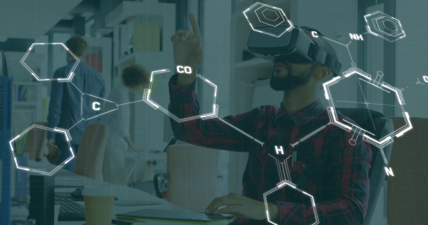 Animation of network of connections over men using vr headset