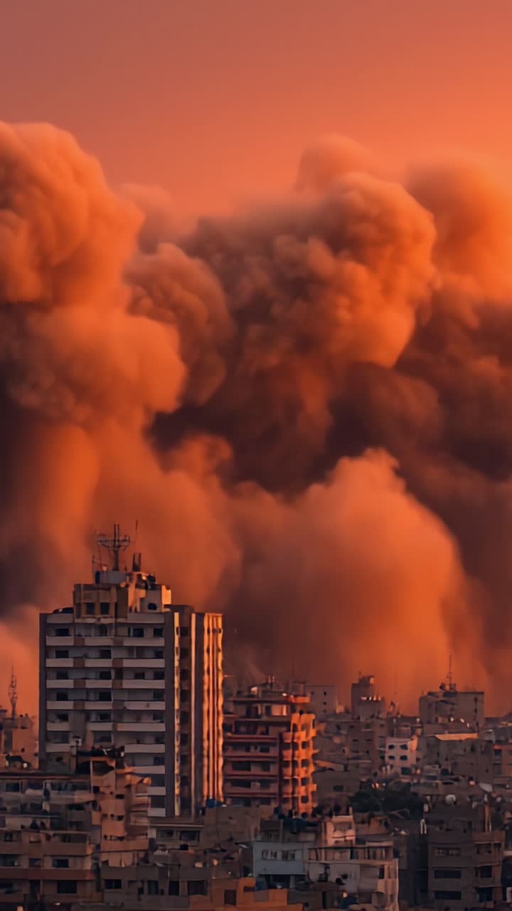 Un tramonto drammatico su grattacieli urbani mentre dense e scure nuvole di fumo si innalzano nel cielo, creando un'atmosfera surreale e intensa.