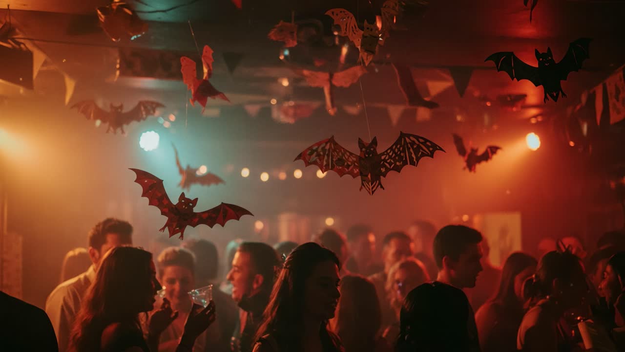 A Vibrant Nightlife Scene Filled with Festive Decorations, Colorful Lighting, and Enthusiastic Partygoers Enjoying Themselves Under a Spooky Atmosphere