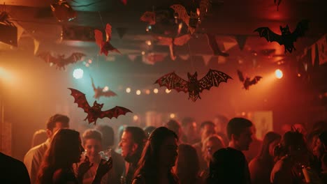 a vibrant nightlife scene filled with festive decorations, colorful lighting, and enthusiastic partygoers enjoying themselves under a spooky atmosphere