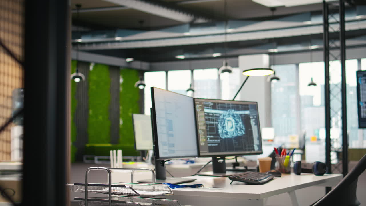 Pc Display On Startup Office Desk Showing Artificial Intelligence Code